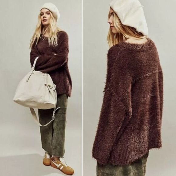 Free People Harrison Bunny Crew Fuzzy SWEATER Size L Mocha Brown Slouchy NEW